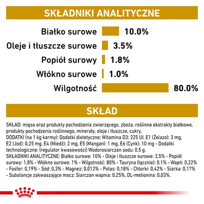 Analiza składu: białko surowe 10 %, oleje i tłuszcze surowe 3,5 %, popiół surowy 1,8 %, włókno surowe 1 %, wilgotność 80 %. Skład i dodatki podane poniżej.