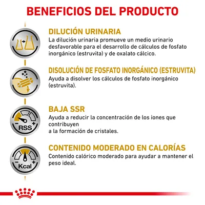 Beneficios del producto: dilución urinaria, disolución de fosfato inorgánico (estruvita), baja SSR y contenido moderado en calorías. Textos explicativos visibles para cada beneficio.