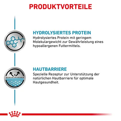 Produktvorteile: Hydrolysiertes Protein mit geringem Molekulargewicht für hypoallergenes Futter. Hautbarriere: Rezeptur zur Unterstützung der natürlichen Hautbarriere für optimale Hautgesundheit.