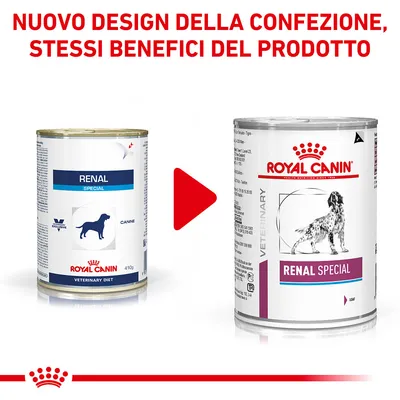 Nuovo design della confezione Royal Canin Renal Special per cani, stessi benefici del prodotto. A sinistra la vecchia lattina, a destra la nuova con logo e illustrazione di cane.