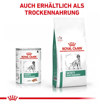 Royal Canin Satiety Weight Management, erhältlich als Nass- und Trockenfutter. Verpackungen mit Hundebild und grünem Label sichtbar.