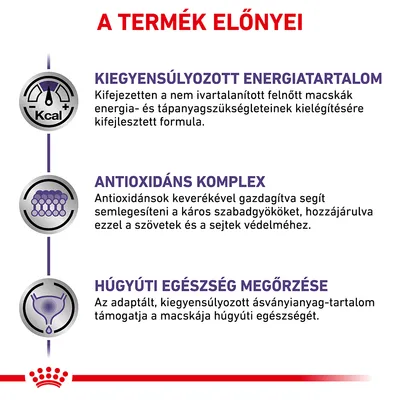 A termék előnyei: kiegyensúlyozott energiatartalom, antioxidáns komplex, húgyúti egészség megőrzése. Részletes leírás magyar nyelven a képen olvasható.