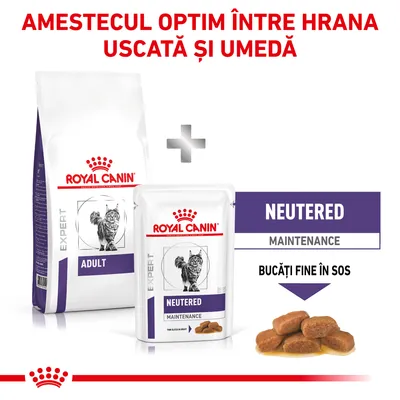 Royal Canin Expert Adult hrană uscată și Royal Canin Expert Neutered Maintenance plic, bucăți fine în sos. Text: Amestecul optim între hrana uscată și umedă.