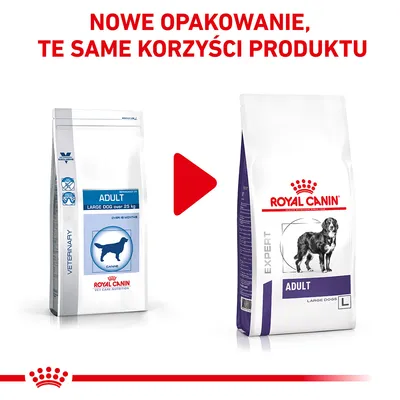 Porównanie starego i nowego opakowania karmy Royal Canin Adult Large Dog. Widoczny napis: Nowe opakowanie, te same korzyści produktu. Porównanie starego i nowego opakowania karmy Royal Canin Adult Large Dog. Widoczny napis: Nowe opakowanie, te same korzyści produktu.
