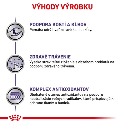 Výhody výrobku: podpora kostí a kĺbov, zdravé trávenie, komplex antioxidantov. Text v slovenčine s popisom účinkov pri každom bode.