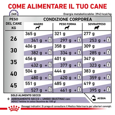 Tabella dosi giornaliere per cani da 26 a 45 kg in base alla condizione corporea: magro, peso forma, sovrappeso. Include opzioni solo secco o secco+umido. Consigliata acqua sempre disponibile.