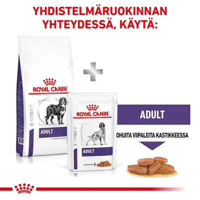 Royal Canin Expert Adult -kuivaruoka ja märkäruoka, ohuita viipaleita kastikkeessa. Teksti: Yhdistelmäruokinnan yhteydessä, käytä: ADULT.