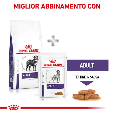 Royal Canin Expert Adult per cani, confezione di crocchette e bustina con fettine in salsa. Testo visibile: 'Miglior abbinamento con', 'Adult', 'Fettine in salsa'.