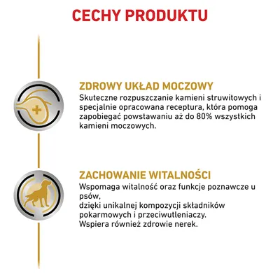 Cechy produktu: Zdrowy układ moczowy – skuteczne rozpuszczanie kamieni struwitowych, zapobieganie 80% kamieni. Zachowanie witalności – wspiera funkcje poznawcze i zdrowie nerek psów.