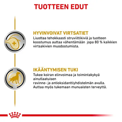 TUOTTEEN EDUT: HYVINVOIVAT VIRTSATIET – auttaa vähentämään jopa 80 % virtsakivien muodostumista. IKÄÄNTYMISEN TUKI – tukee koiran elinvoimaa ja munuaisten terveyttä.
