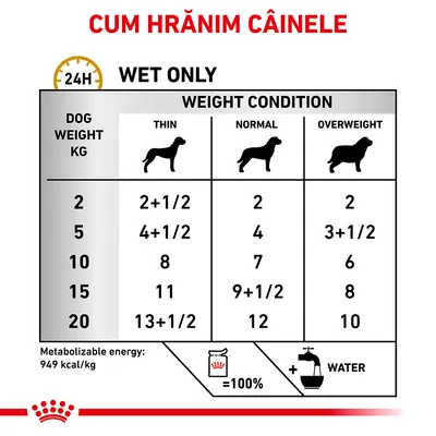 Tabel hrănire câini: greutate 2–20 kg, porții zilnice diferite pentru subponderal, normal, supraponderal. Energie metabolizabilă 949 kcal/kg. Simbol apă și hrană umedă.
