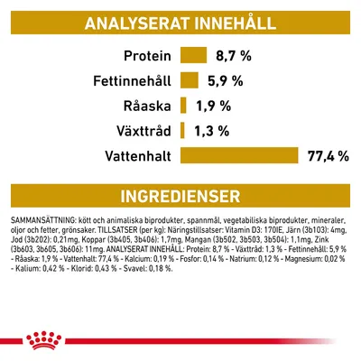 Analyserat innehåll: protein 8,7 %, fettinnehåll 5,9 %, råaska 1,9 %, växttråd 1,3 %, vattenhalt 77,4 %. Ingredienser: kött och animaliska biprodukter, spannmål, grönsaker m.m.