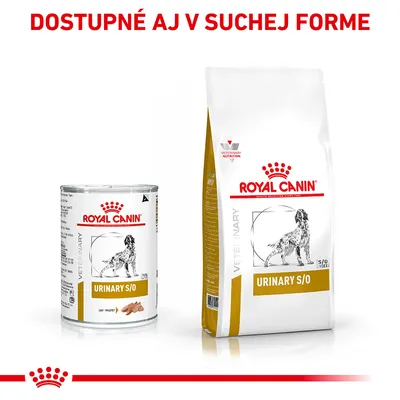 ROYAL CANIN URINARY S/O pre psov, konzerva a balenie granúl. Text: DOSTUPNÉ AJ V SUCHEJ FORME.