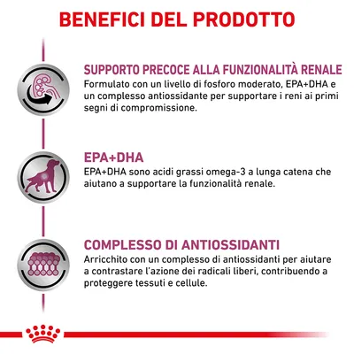 Benefici del prodotto: supporto precoce alla funzionalità renale, EPA+DHA per la funzionalità renale, complesso di antiossidanti per proteggere tessuti e cellule.