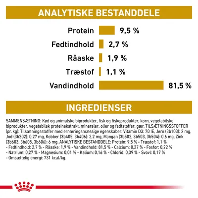 Analytiske bestanddele: Protein 9,5 %, Fedtindhold 2,7 %, Råaske 1,9 %, Træstof 1,1 %, Vandindhold 81,5 %. Ingredienser: kød og animalske biprodukter, fisk, korn, mineraler m.m.