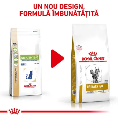 Comparare ambalaje Royal Canin Urinary S/O Moderate Calorie pentru pisici, cu text: Un nou design, formulă îmbunătățită. Ambalaj vechi și nou prezentate alăturat.