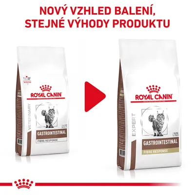 Nový vzhled balení Royal Canin Gastrointestinal Fibre Response pro kočky, stejný produkt. Dvě varianty obalu vedle sebe s textem: Nový vzhled balení, stejné výhody produktu.