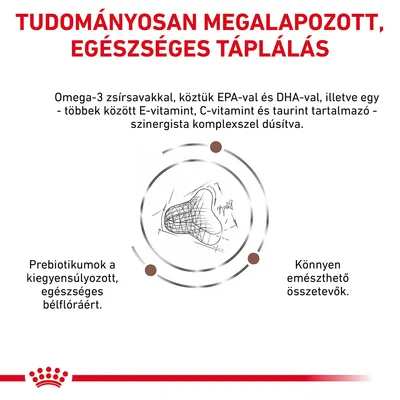Tudományosan megalapozott, egészséges táplálás. Omega-3 zsírsavak, EPA, DHA, E-vitamin, C-vitamin, taurin, prebiotikumok a bélflóráért, könnyen emészthető összetevők.