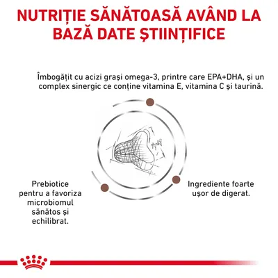 Nutriție sănătoasă având la bază date științifice. Îmbogățit cu acizi grași omega-3, EPA+DHA, complex cu vitamina E, C și taurină. Prebiotice, ingrediente ușor de digerat.