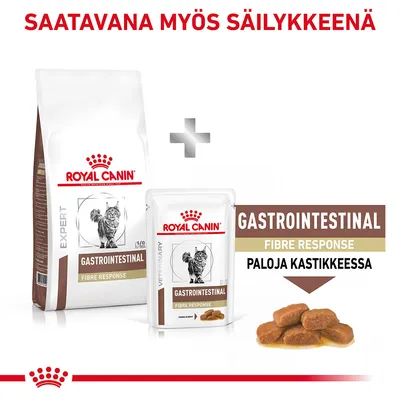 Royal Canin Gastrointestinal Fibre Response kissanruoka, kuivaruoka ja annospussi. Teksti: GASTROINTESTINAL FIBRE RESPONSE PALJOJA KASTIKKEESSA. Saatavana myös säilykkeenä.