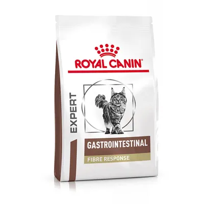 Royal Canin EXPERT Gastrointestinal Fibre Response -kissanruokapakkaus, etupuolella kissan kuva ja tuotteen nimi näkyvissä.