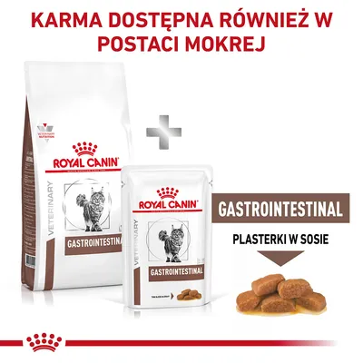 Karma Royal Canin Gastrointestinal dla kotów, dostępna w postaci suchej i mokrej. Na opakowaniu napis: GASTROINTESTINAL, plasterki w sosie.