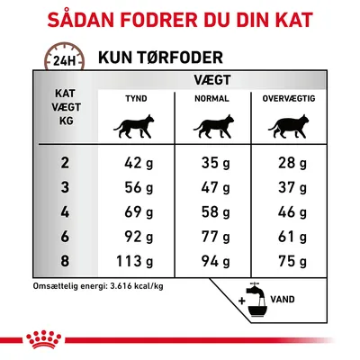 Fodringsvejledning for kat: kun tørfoder. Skema med daglig mængde i gram for tynd, normal og overvægtig kat ved vægt 2–8 kg. Omsættelig energi: 3.616 kcal/kg. Husk vand.