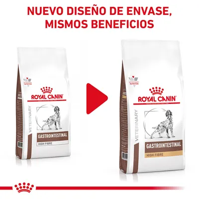 Royal Canin Gastrointestinal High Fibre, nuevo diseño de envase mostrado junto al anterior. Texto: 'Nuevo diseño de envase, mismos beneficios'.