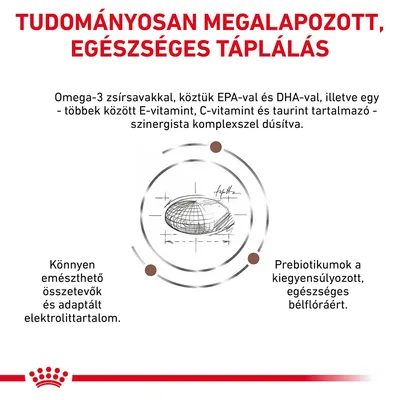 TUDOMÁNYOSAN MEGALAPOZOTT, EGÉSZSÉGES TÁPLÁLÁS. Omega-3 zsírsavak, EPA, DHA, E-vitamin, C-vitamin, taurin, könnyen emészthető összetevők, prebiotikumok, adaptált elektrolittartalom.