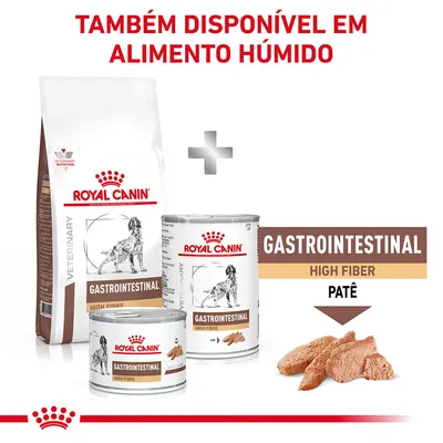 Royal Canin Gastrointestinal High Fibre para cães, disponível em seco e húmido (patê). Texto visível: 'TAMBÉM DISPONÍVEL EM ALIMENTO HÚMIDO', 'GASTROINTESTINAL HIGH FIBER PATÊ'.