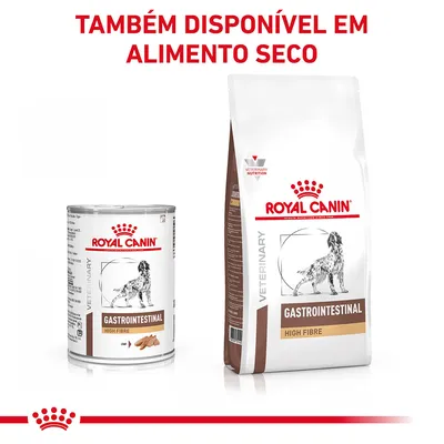 Royal Canin Gastrointestinal High Fibre para cães, disponível em lata e saco de alimento seco. Texto visível: 'TAMBÉM DISPONÍVEL EM ALIMENTO SECO'. Royal Canin Gastrointestinal High Fibre para cães, disponível em lata e saco de alimento seco. Texto visível: 'TAMBÉM DISPONÍVEL EM ALIMENTO SECO'.