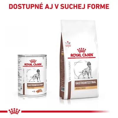 ROYAL CANIN GASTROINTESTINAL HIGH FIBRE veterinárne krmivo pre psov, konzerva a balenie granúl. Text: Dostupné aj v suchej forme.