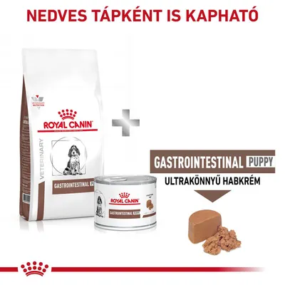 Royal Canin Gastrointestinal Puppy száraz és nedves táp, ultrakönnyű habkrém. Felirat: Nedves tápként is kapható. Csomagoláson kutya illusztráció látható.
