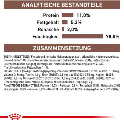 Analytische Bestandteile: Protein 11%, Fettgehalt 5,3%, Rohasche 2%, Feuchtigkeit 78%. Zusammensetzung: Fleisch, pflanzliche Nebenerzeugnisse, Getreide, Mineralstoffe. Zusatzstoffe pro kg angegeben.