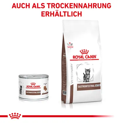 Royal Canin Gastrointestinal Kitten, erhältlich als Nass- und Trockenfutter. Verpackung zeigt Katze und Produktnamen.