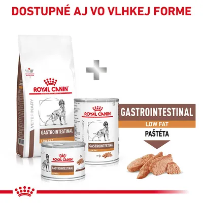 Royal Canin Gastrointestinal Low Fat suché a vlhké krmivo pre psov, paštéta. Text: Dostupné aj vo vlhkej forme, GASTROINTESTINAL LOW FAT PAŠTÉTA.