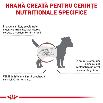 Hrană creată pentru cerințe nutriționale specifice. Probleme digestive la câini, sensibilitate urinară la câinii de talie mică, unele afecțiuni împiedică metabolizarea grăsimilor.