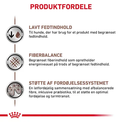 PRODUKTFORDELE: LAVT FEDTINDHOLD, FIBERBALANCE, STØTTE AF FORDØJELSESSYSTEMET. Beskrivelser om lavt fedtindhold, begrænset fiber og støtte til fordøjelse med præbiotika.