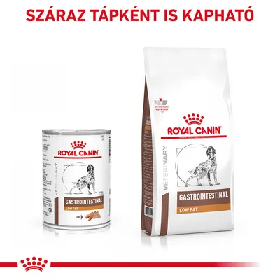 ROYAL CANIN GASTROINTESTINAL LOW FAT konzerv és száraztáp kutyáknak, felirat: SZÁRAZ TÁPKÉNT IS KAPHATÓ