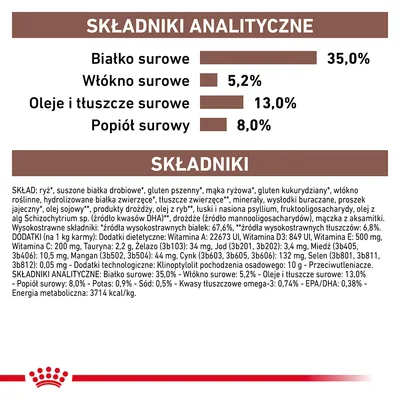 Analiza składu: białko surowe 35,0 %, włókno surowe 5,2 %, oleje i tłuszcze surowe 13,0 %, popiół surowy 8,0 %. Widoczna pełna lista składników i dodatków.