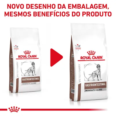 Novo design da embalagem Royal Canin Gastrointestinal Moderate Calorie para cães, mesma fórmula. Texto: 'Novo desenho da embalagem, mesmos benefícios do produto'.