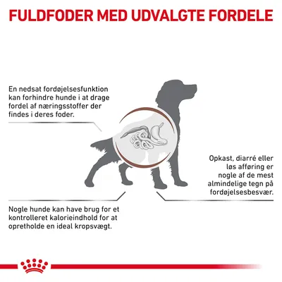 FULDFODER MED UDVALGTE FORDELE. En nedsat fordøjelsesfunktion kan forhindre hunde i at drage fordel af næringsstoffer. Opkast, diarré eller løs afføring er tegn på fordøjelsesbesvær. Kontrolleret kalorieindhold kan være nødvendigt.