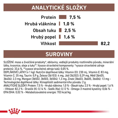 Analytické složky: protein 7,5 %, hrubá vláknina 1,0 %, obsah tuku 2,5 %, hrubý popel 1,6 %, vlhkost 82,2. Složení a doplňkové látky podrobně vypsány včetně vitamínů a minerálů.
