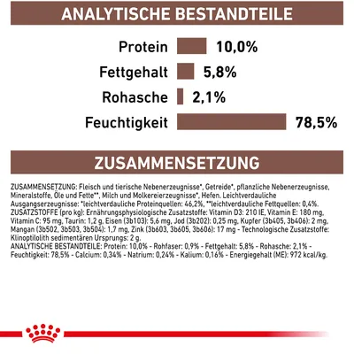 Analytische Bestandteile: Protein 10%, Fettgehalt 5,8%, Rohasche 2,1%, Feuchtigkeit 78,5%. Zusammensetzung: Fleisch, Getreide, pflanzliche Nebenerzeugnisse, Vitamine und Mineralstoffe.