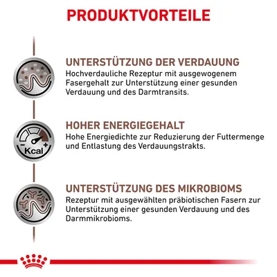 Produktvorteile: Unterstützung der Verdauung, hoher Energiegehalt zur Futterreduzierung, Unterstützung des Mikrobioms durch präbiotische Fasern für gesunde Verdauung und Darmmikrobiom.
