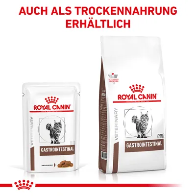 Royal Canin Gastrointestinal Katzenfutter, erhältlich als Nass- und Trockenfutter. Verpackungen mit Katze und Produktnamen sichtbar.
