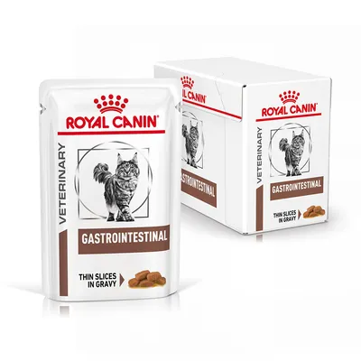 Royal Canin Veterinary Gastrointestinal Thin Slices in Gravy våtfoder för katt, synlig på förpackning och kartong. Bild av katt och bitar i sås. Ingen ytterligare information synlig.