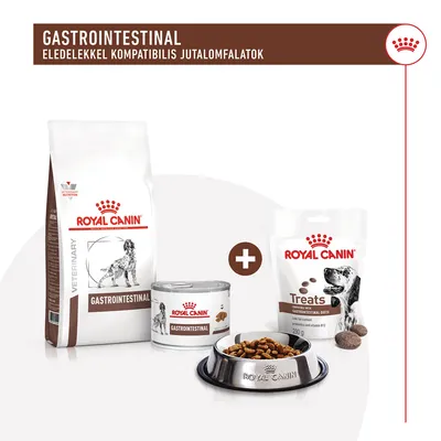 Royal Canin Gastrointestinal száraz táp, konzerv, jutalomfalat és etetőtál kutyáknak. Felirat: GASTROINTESTINAL eledelekkel kompatibilis jutalomfalatok.