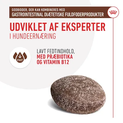Godbidder til hunde, kan kombineres med gastrointestinal diætetiske fuldfoderprodukter. Udviklet af eksperter i hundeernæring. Lavt fedtindhold, med præbiotika og vitamin B12.