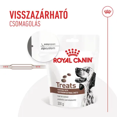 Royal Canin Treats visszazárható csomagolás, easyopen zipsystem felirattal. 230 g, kompatibilis gastrointestinalis diétákkal, alacsony zsírtartalom, prebiotikumok, B12-vitamin.